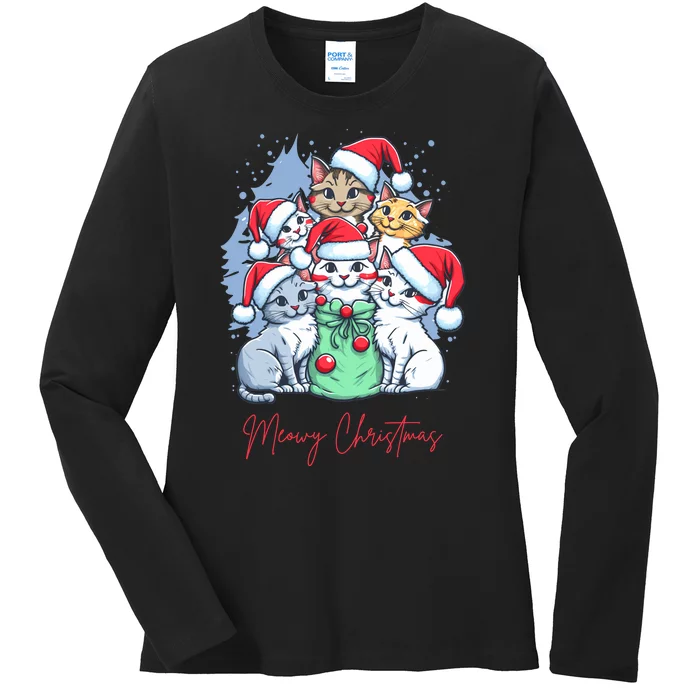 Meowy Christmas Cat Lover Holiday Ladies Long Sleeve Shirt