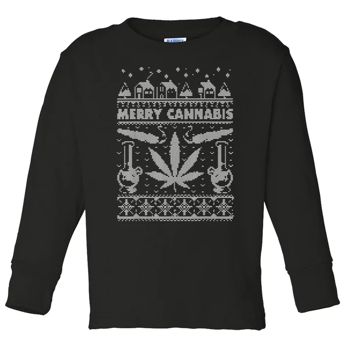 Merry Cannabis Christmas Ugly Sweater Weed Lover Present Toddler Long Sleeve Shirt