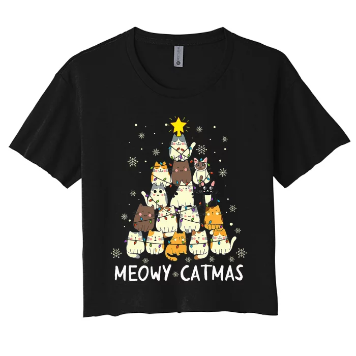 Meowy Catmas Cat Christmas Tree Xmas Funny Santa Women's Crop Top Tee