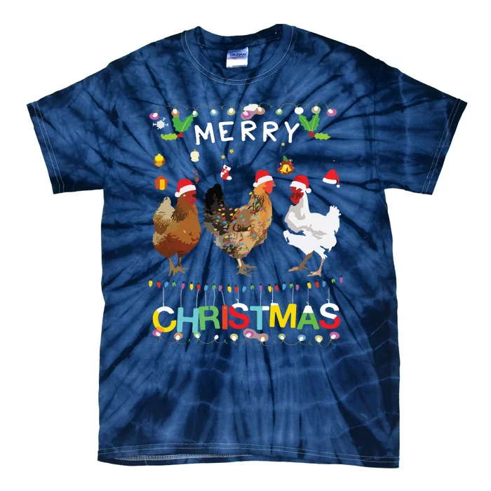 Merry Christmas Chicken Shirts Santa Hat Lights Xmas Funny Tie-Dye T-Shirt