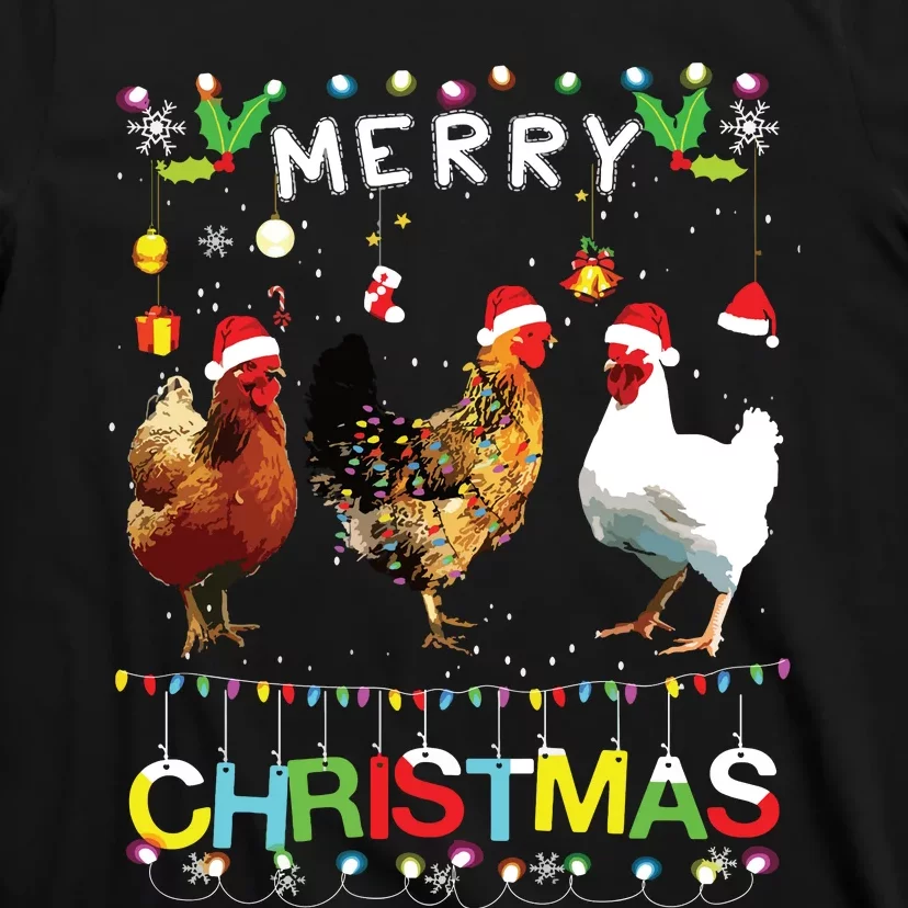 Merry Christmas Chicken Shirts Santa Hat Lights Xmas Funny T-Shirt