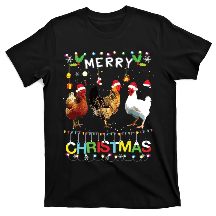 Merry Christmas Chicken Shirts Santa Hat Lights Xmas Funny T-Shirt