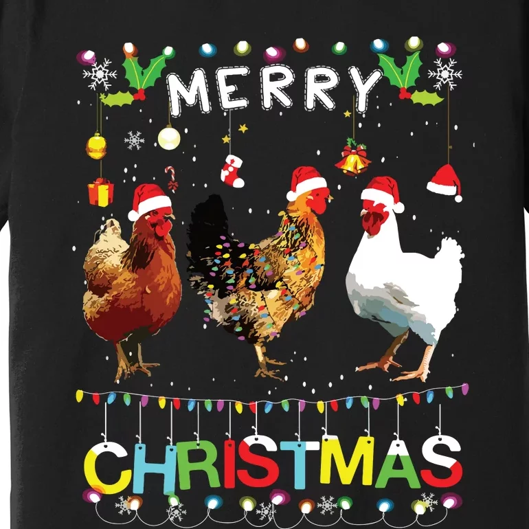 Merry Christmas Chicken Shirts Santa Hat Lights Xmas Funny Premium T-Shirt