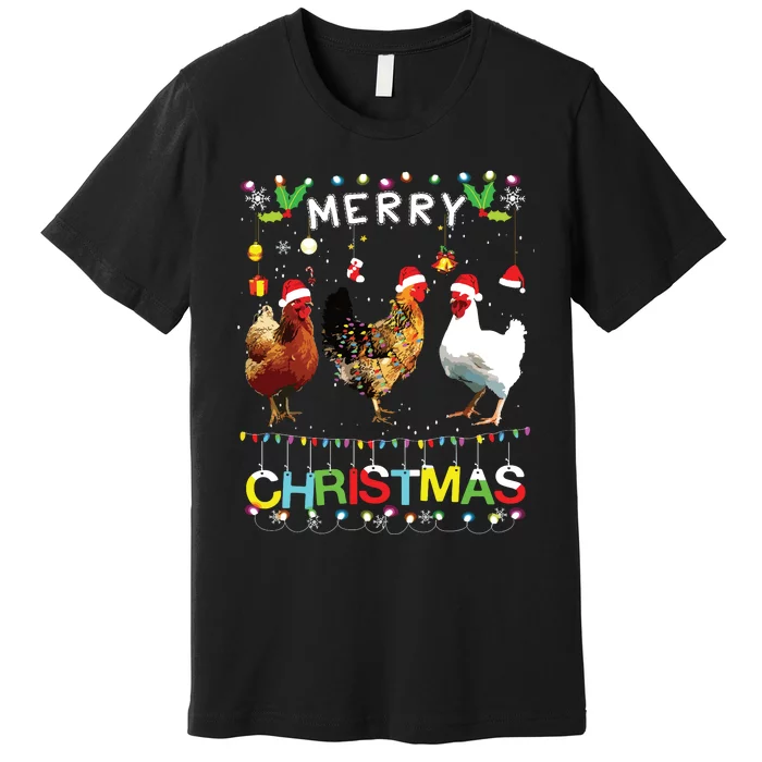 Merry Christmas Chicken Shirts Santa Hat Lights Xmas Funny Premium T-Shirt