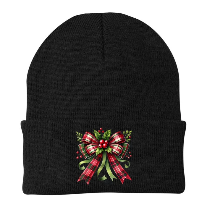 Merry Christmas Cute Red Plaid Coquette Bow Xmas Gift Knit Cap Winter Beanie