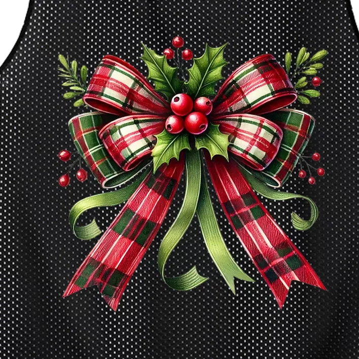 Merry Christmas Cute Red Plaid Coquette Bow Xmas Gift Mesh Reversible Basketball Jersey Tank