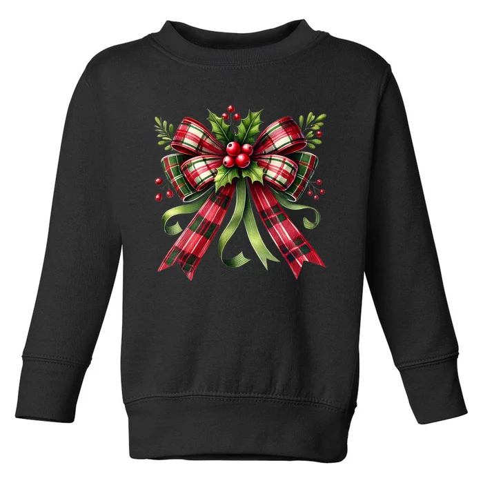 Merry Christmas Cute Red Plaid Coquette Bow Xmas Gift Toddler Sweatshirt