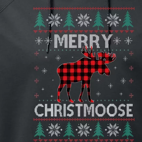 Merry Christmoose Christmas Moose Red Plaid Ugly Sweater Performance Fleece Hoodie