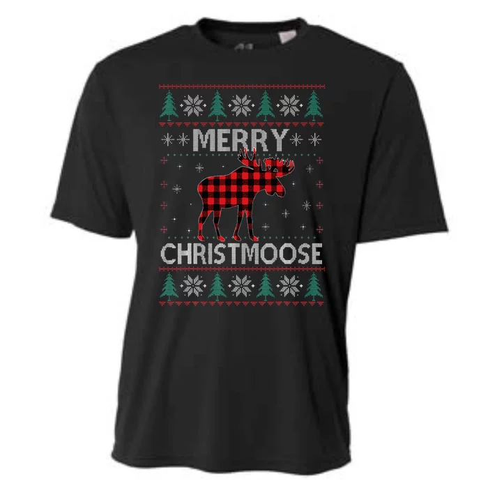 Merry Christmoose Christmas Moose Red Plaid Ugly Sweater Cooling Performance Crew T-Shirt