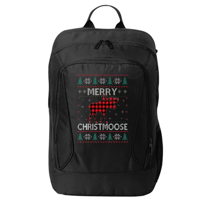 Merry Christmoose Christmas Moose Red Plaid Ugly Sweater City Backpack