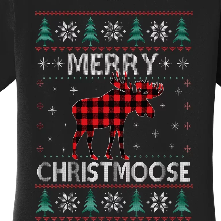 Merry Christmoose Christmas Moose Red Plaid Ugly Sweater Women's T-Shirt