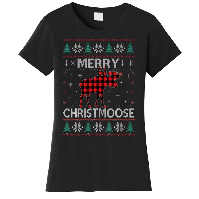 Merry Christmoose Christmas Moose Red Plaid Ugly Sweater Women's T-Shirt