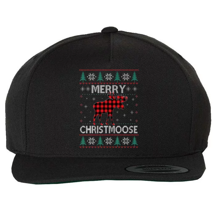 Merry Christmoose Christmas Moose Red Plaid Ugly Sweater Wool Snapback Cap