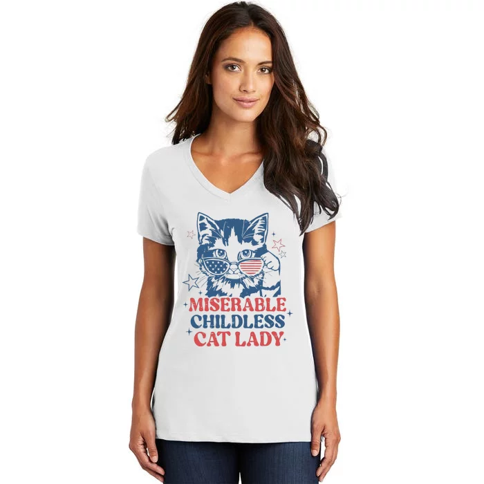 Miserable Childless Cat Lady Kamala Harris 2024 Meme Cat Women's V-Neck T-Shirt