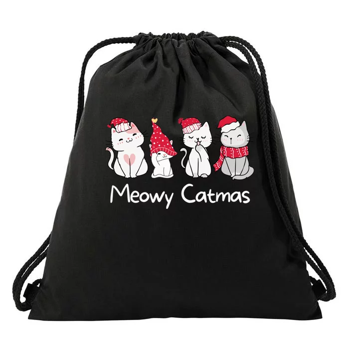 Meowy Catmas Cute, Funny Cat Christmas - Merry Catmas Drawstring Bag