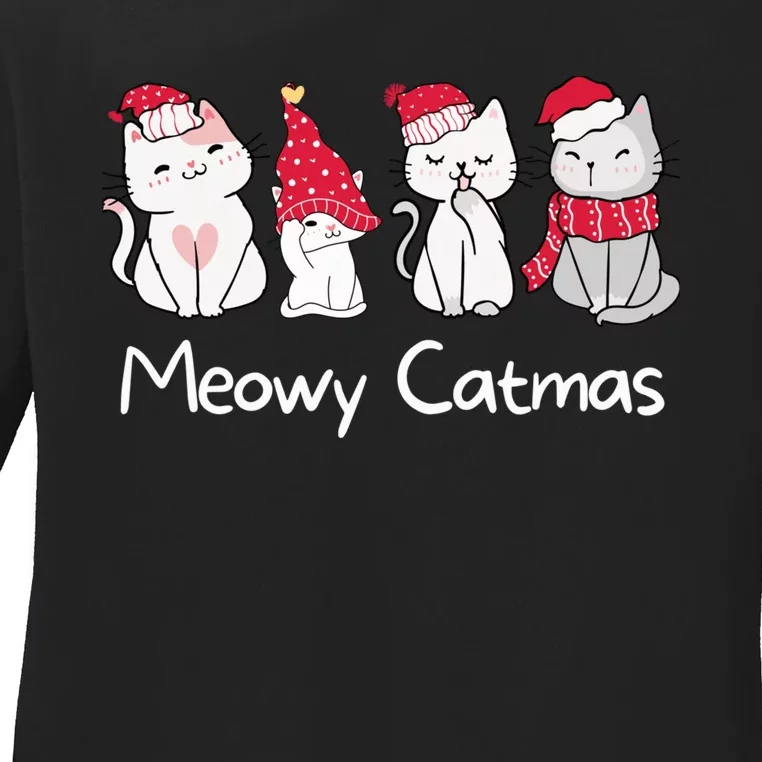 Meowy Catmas Cute, Funny Cat Christmas - Merry Catmas Ladies Long Sleeve Shirt