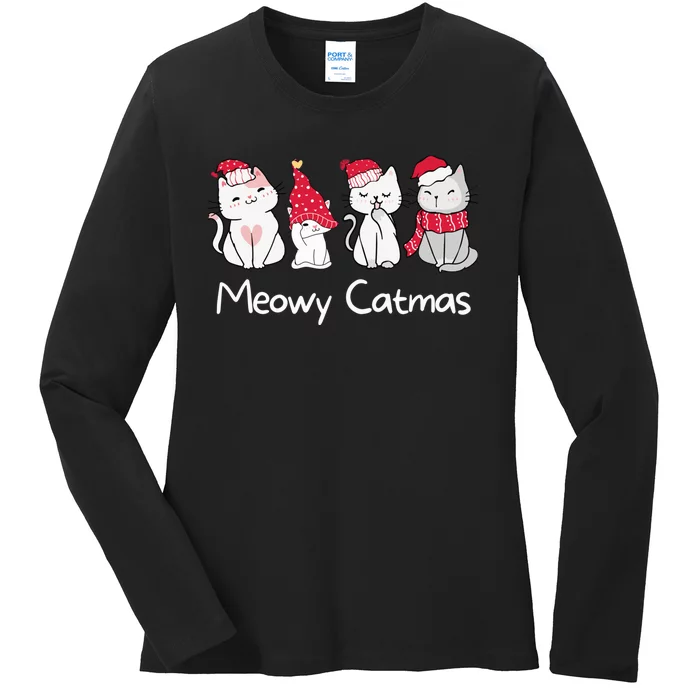 Meowy Catmas Cute, Funny Cat Christmas - Merry Catmas Ladies Long Sleeve Shirt