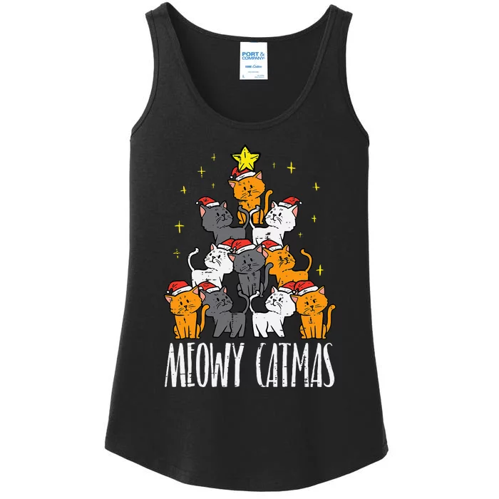 Meowy Catmas Cat Christmas Tree Xmas Ladies Essential Tank