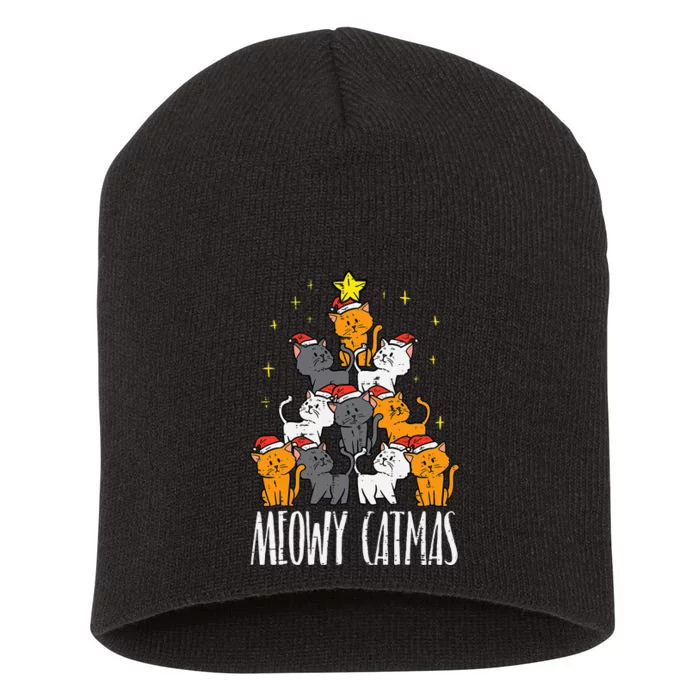 Meowy Catmas Cat Christmas Tree Xmas Short Acrylic Beanie