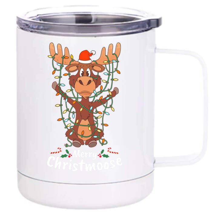 Merry Christmoose Christmas Moose Xmas Tree Lights Gifts Front & Back 12oz Stainless Steel Tumbler Cup