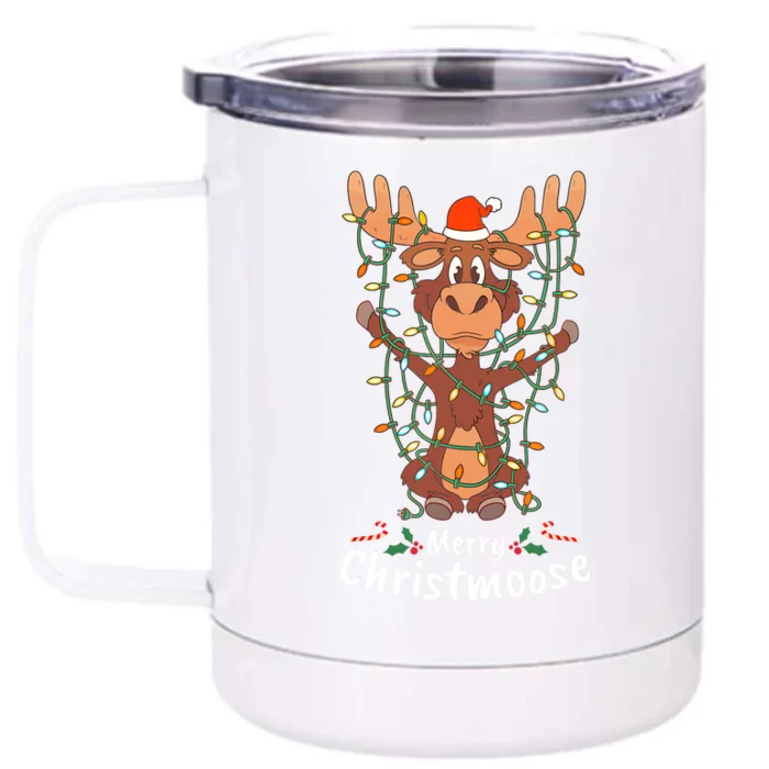 Merry Christmoose Christmas Moose Xmas Tree Lights Gifts Front & Back 12oz Stainless Steel Tumbler Cup