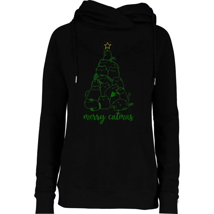 Merry Catmas Cat Christmas Tree S Girls Meowy Catmas Womens Funnel Neck Pullover Hood