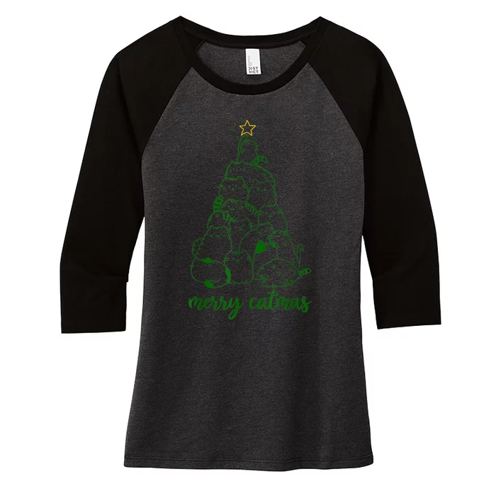 Merry Catmas Cat Christmas Tree S Girls Meowy Catmas Women's Tri-Blend 3/4-Sleeve Raglan Shirt