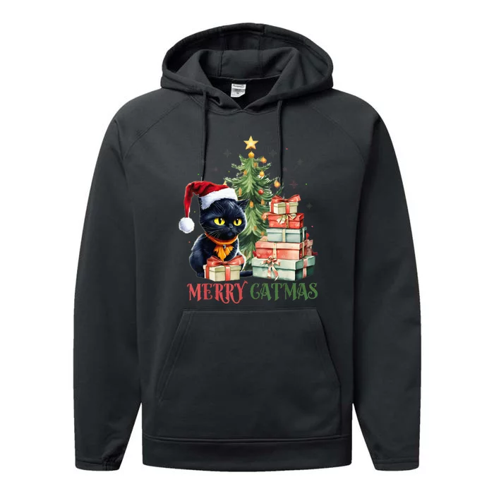 Merry Catmas Cat Christmas Tree Kid Girls Boy Meowy Catmas Performance Fleece Hoodie