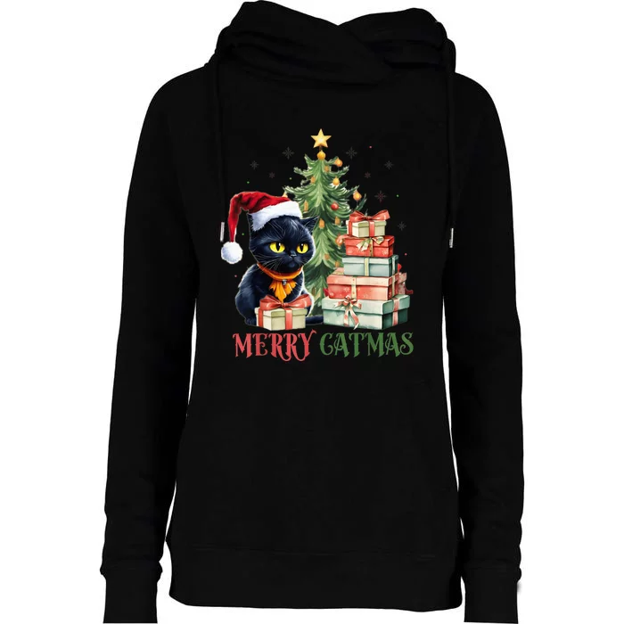 Merry Catmas Cat Christmas Tree Kid Girls Boy Meowy Catmas Womens Funnel Neck Pullover Hood