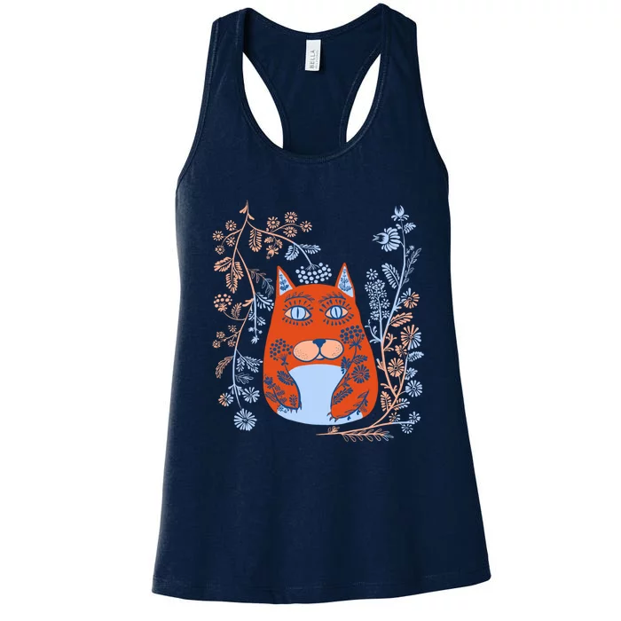 Magic Cat Cute Floral Vintage Ukrainian Vyshyvanka Style Women's Racerback Tank