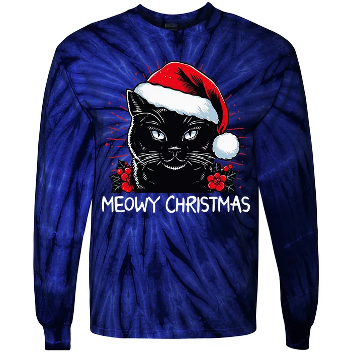 Merry Christmas Celebration Happy Xmas Christmas Black Cat Tie-Dye Long Sleeve Shirt