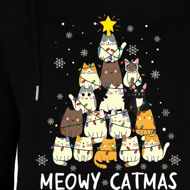 Meowy Catmas Cat Christmas Tree Xmas Funny Santa Womens Funnel Neck Pullover Hood