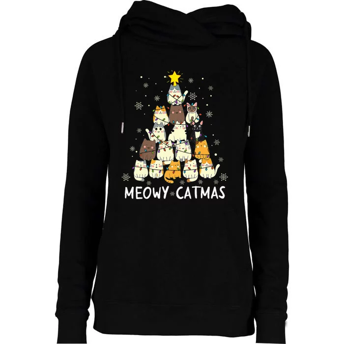 Meowy Catmas Cat Christmas Tree Xmas Funny Santa Womens Funnel Neck Pullover Hood