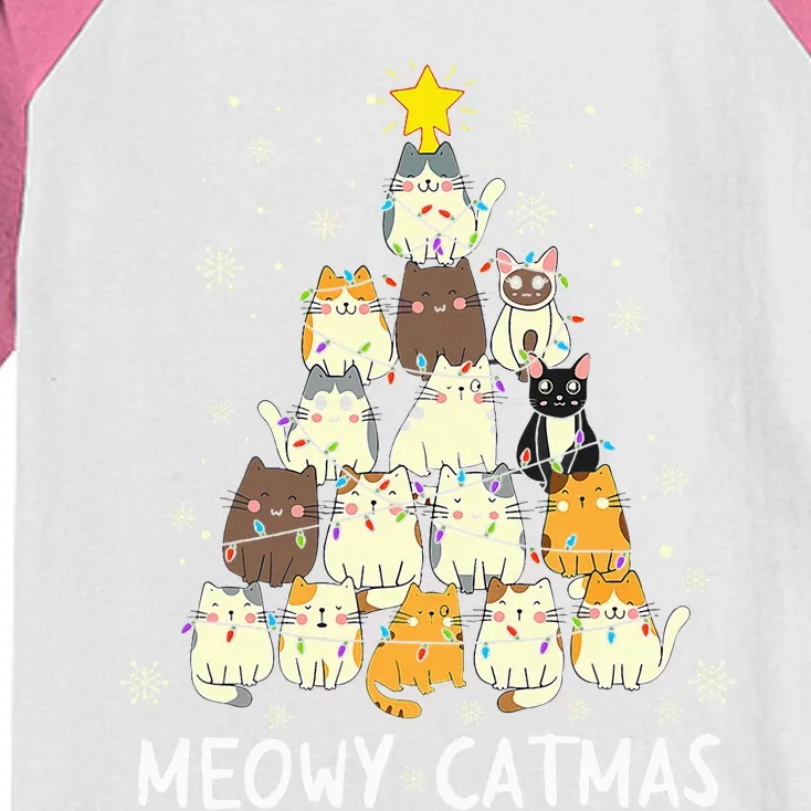 Meowy Catmas Cat Christmas Tree Xmas Funny Santa Kids Colorblock Raglan Jersey