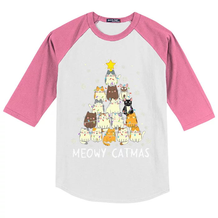 Meowy Catmas Cat Christmas Tree Xmas Funny Santa Kids Colorblock Raglan Jersey