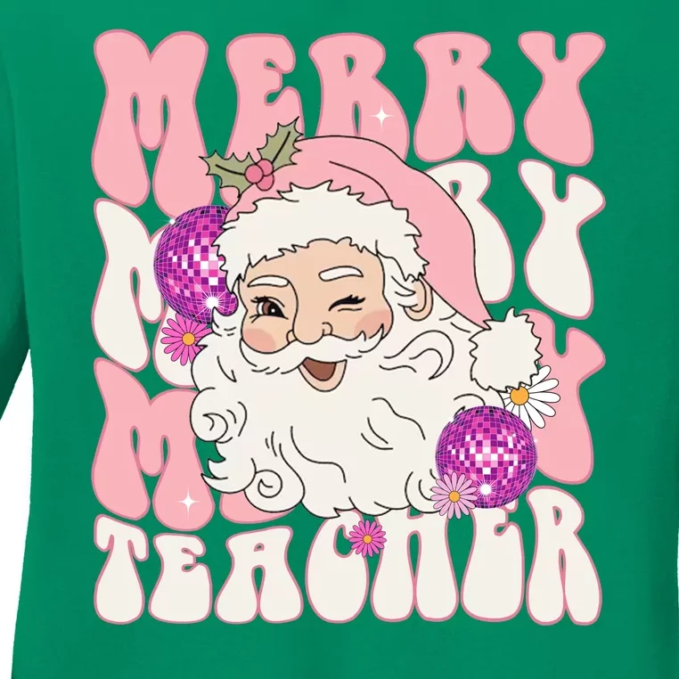 Merry Christmas Cute Teacher Disco Santa Ladies Long Sleeve Shirt