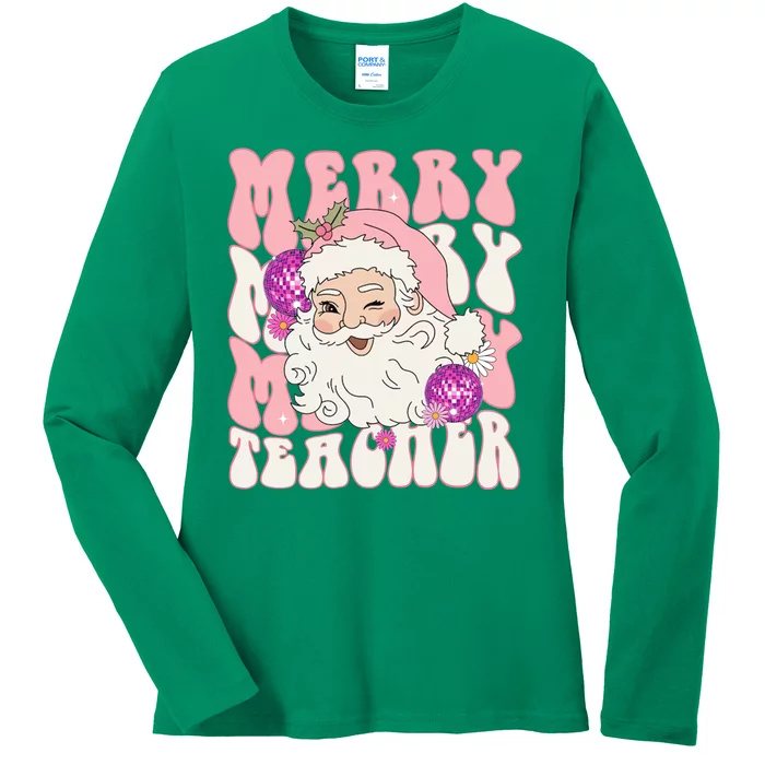 Merry Christmas Cute Teacher Disco Santa Ladies Long Sleeve Shirt