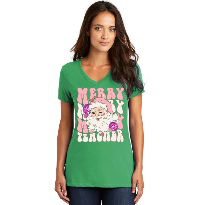 Merry Christmas Cute Teacher Disco Santa Women's V-Neck T-Shirt