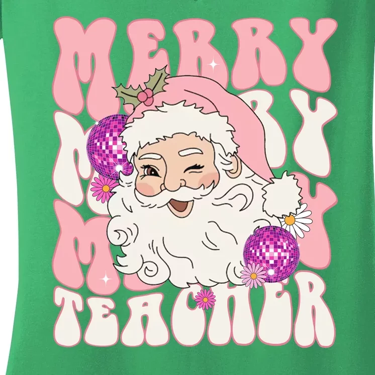 Merry Christmas Cute Teacher Disco Santa Women's V-Neck T-Shirt