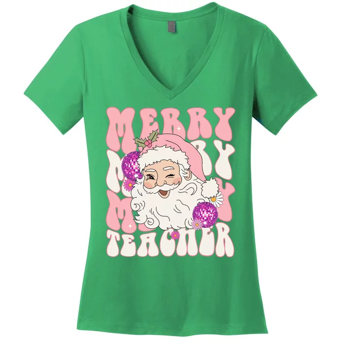 Merry Christmas Cute Teacher Disco Santa Women's V-Neck T-Shirt