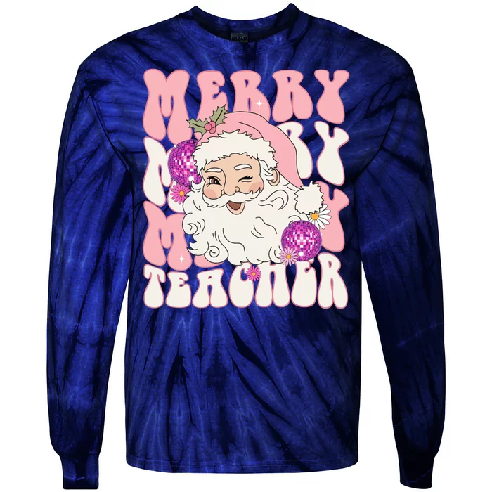 Merry Christmas Cute Teacher Disco Santa Tie-Dye Long Sleeve Shirt