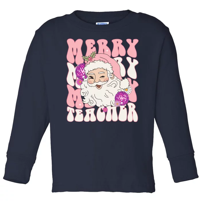 Merry Christmas Cute Teacher Disco Santa Toddler Long Sleeve Shirt