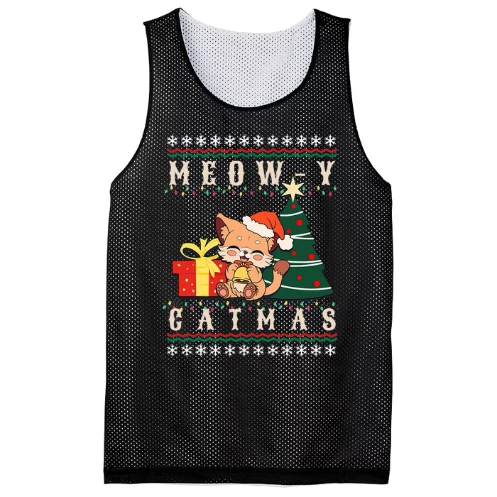 Meowy Catmas Cat Christmas Tree Xmas  Funny Santa Mesh Reversible Basketball Jersey Tank