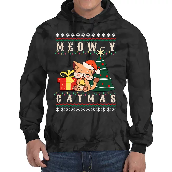 Meowy Catmas Cat Christmas Tree Xmas  Funny Santa Tie Dye Hoodie