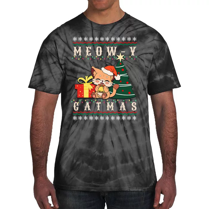 Meowy Catmas Cat Christmas Tree Xmas  Funny Santa Tie-Dye T-Shirt