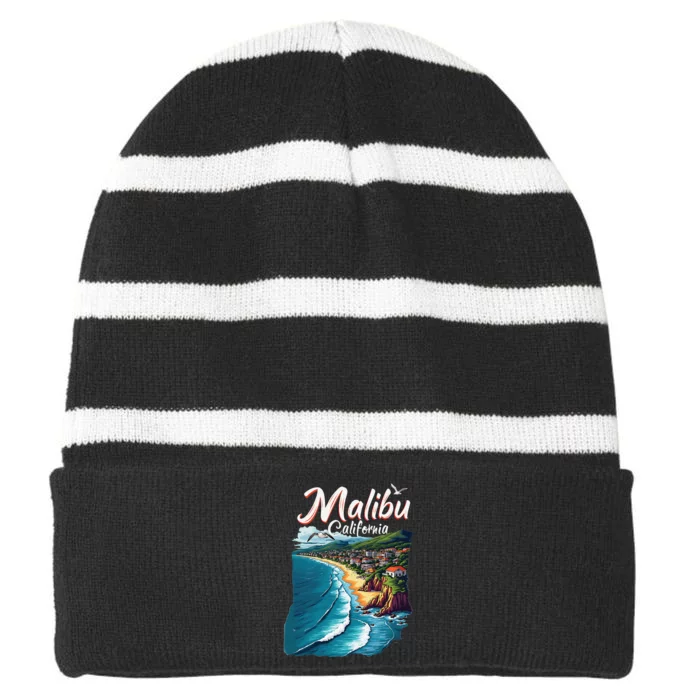 Malibu California Coastal Scenic Beach Striped Beanie with Solid Band