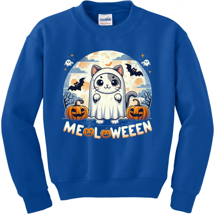 Meolloween: Cute Cat In Ghost Costume Halloween Design Gift Kids Sweatshirt