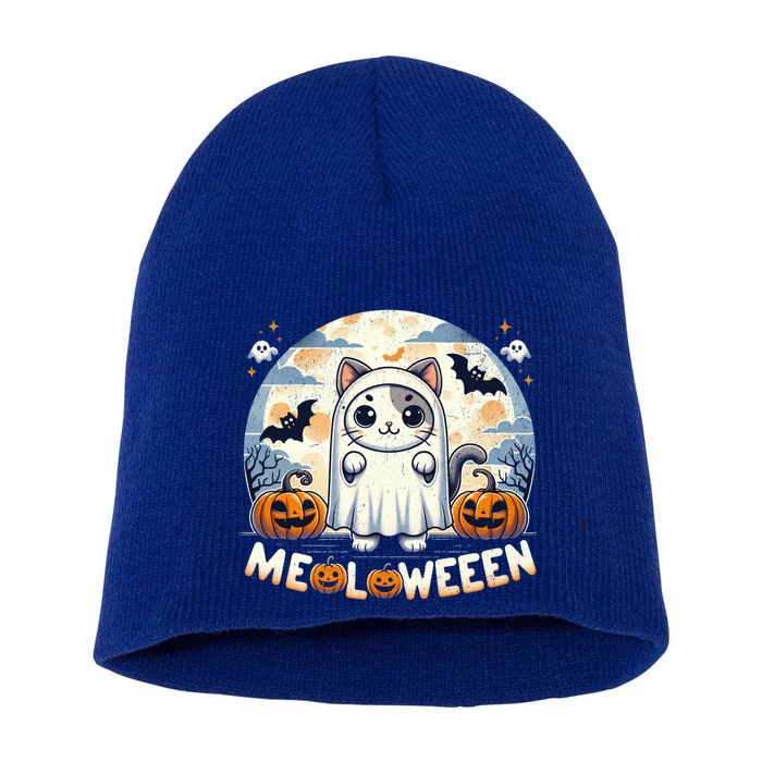 Meolloween: Cute Cat In Ghost Costume Halloween Design Gift Short Acrylic Beanie