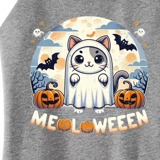 Meolloween: Cute Cat In Ghost Costume Halloween Design Gift Women’s Perfect Tri Rocker Tank