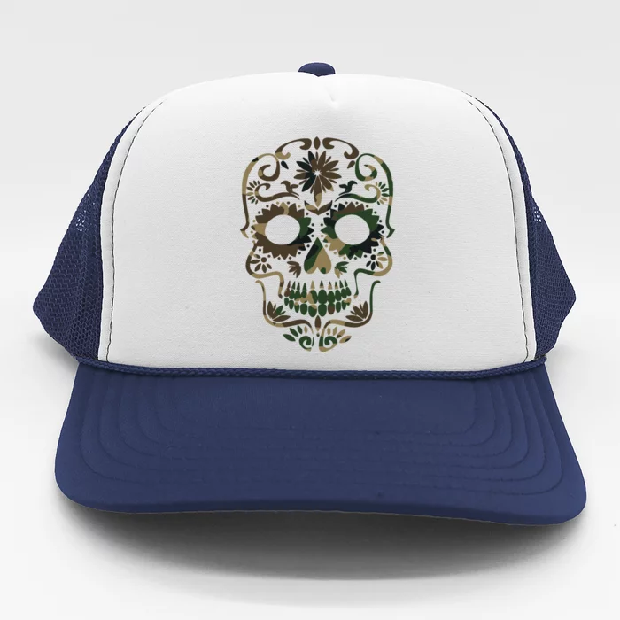 Military Camouflage Camo Dia De Los Muertos Sugar Skull Trucker Hat